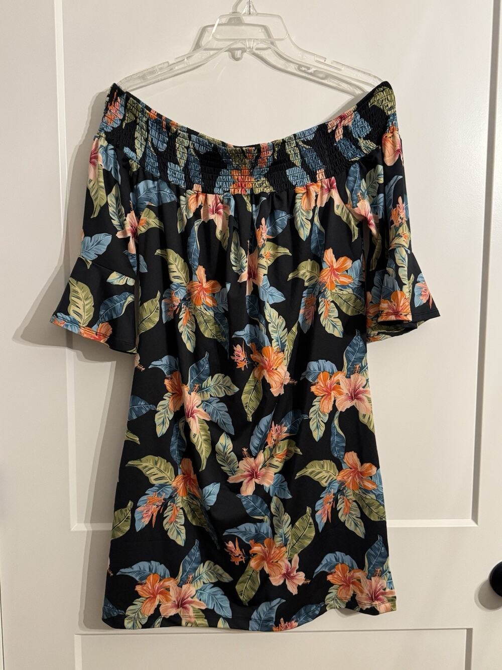 Stella Parker Ruffle Neck 3/4 Sleeve Dress Bathing Suit Cover Sz S Floral NWT